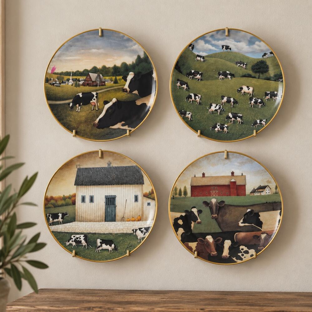 American Folk Art Cow Farm Country Scenes Franklin Mint Porcelain Plates Set 4